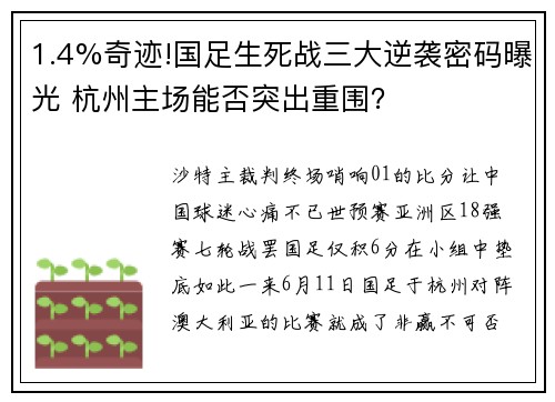 1.4%奇迹!国足生死战三大逆袭密码曝光 杭州主场能否突出重围？