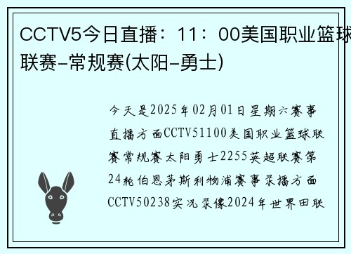 CCTV5今日直播：11：00美国职业篮球联赛-常规赛(太阳-勇士)