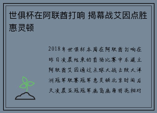 世俱杯在阿联酋打响 揭幕战艾因点胜惠灵顿